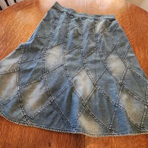 Studio West Women Skirt Med Denim Patchwork Midi Y2K 90s Western Rodeo Cottage